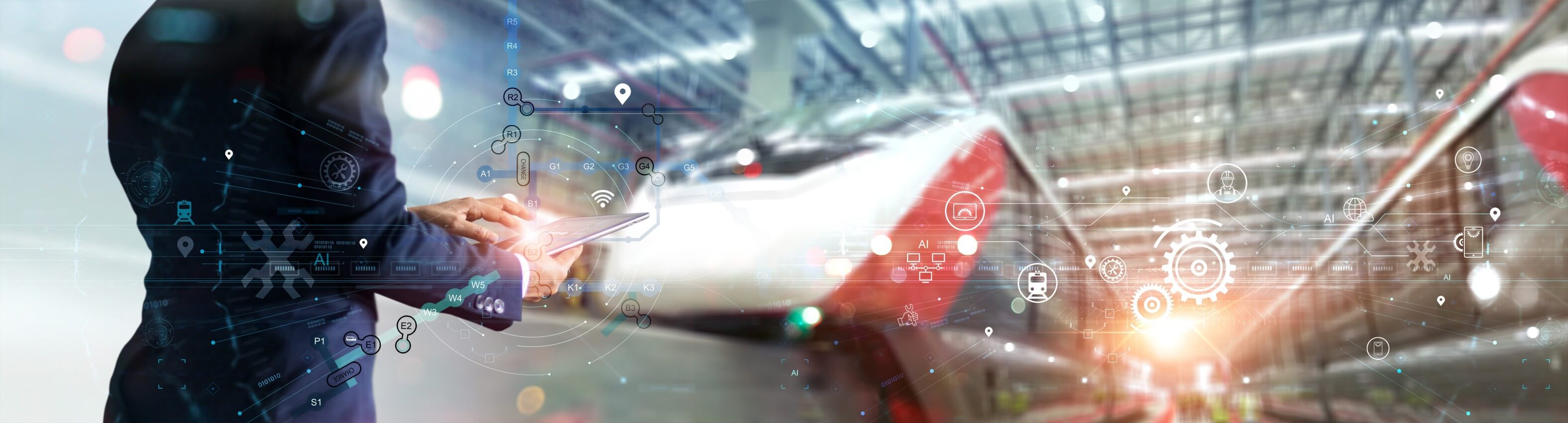 Engineer uses a tablet to inspect and analyze the route of a networked train information system before releasing the train from a major station junction. modern industry and transportation.