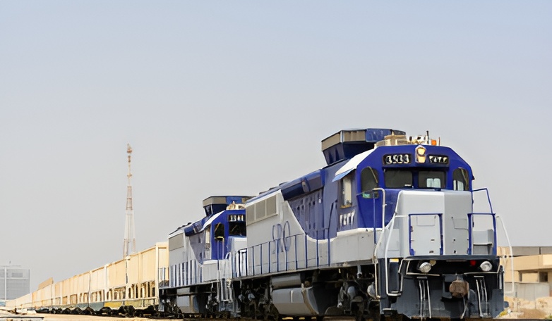 Long line of wagons on the rail track.